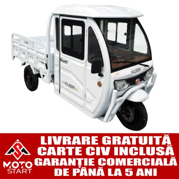 tricicleta electrica kuba e kamyonet cu cabina, putere motor 1000 w, baterie de 58 ah / 72v, autonomie de 60 80 km, fara permis, viteza 25 km/h, culoare alb, carte rar inclusa