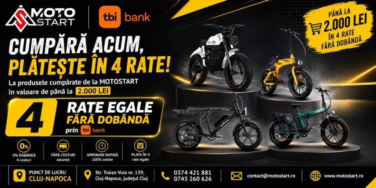 Banner promotional MotoStart cu oferta de cumparaturi in 4 rate egale fara dobanda prin tbi bank pentru produse de pana la 2000 lei