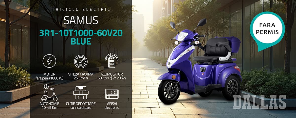 Triciclu electric Samus Dallas Blue banner principal