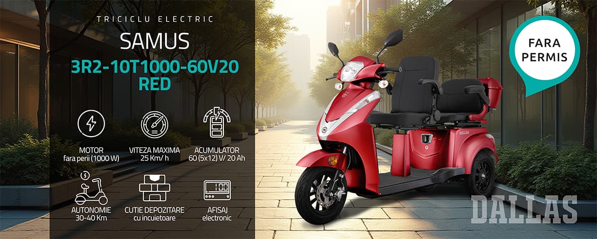 Triciclu electric Samus Dallas Roșu banner principal