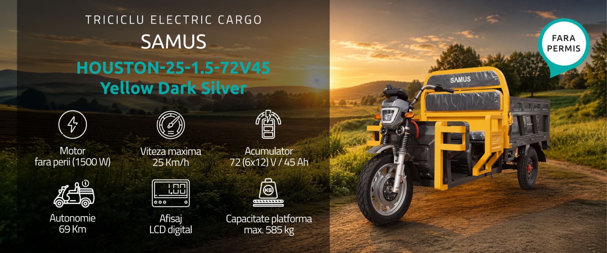 Banner principal triciclu electric cargo Samus Houston 25 Yellow Dark Silver