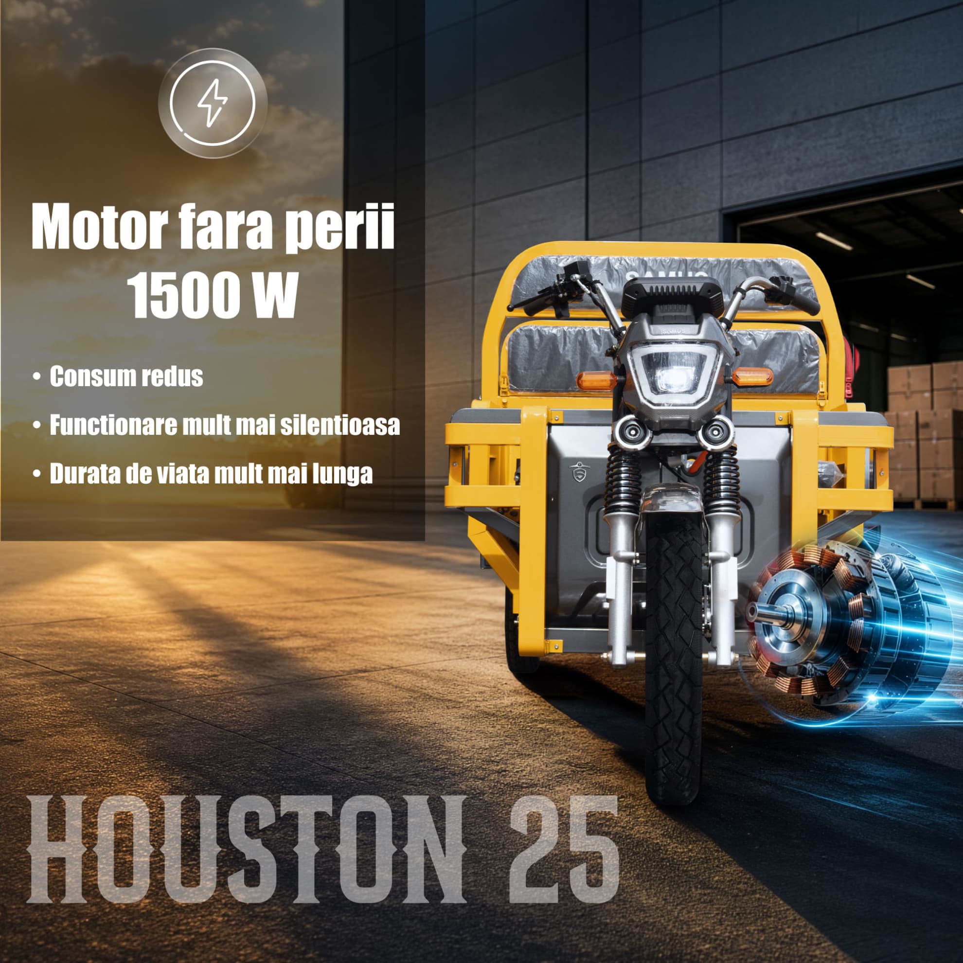 Motor electric 1500W fără perii triciclu cargo Samus Houston 25 Yellow