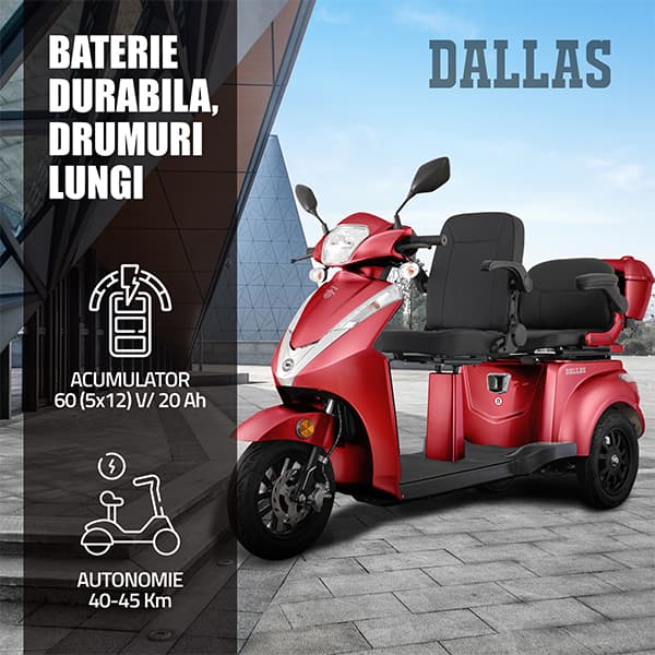 Banner autonomie și acumulator triciclu electric Samus Dallas Roșu