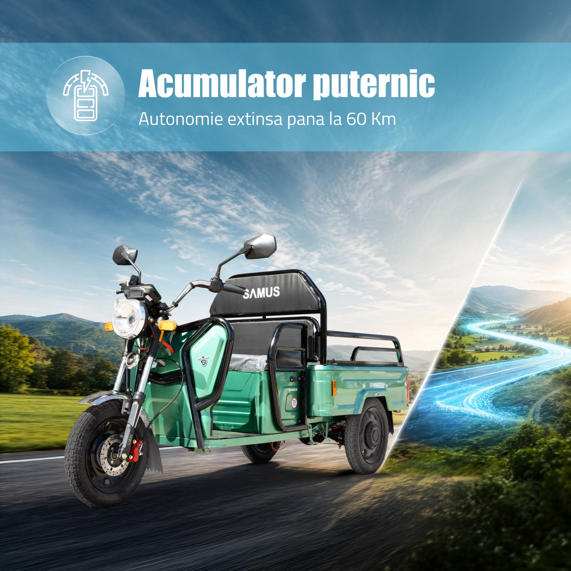 Autonomie extinsă triciclu electric cargo Samus Ranger 25 Verde