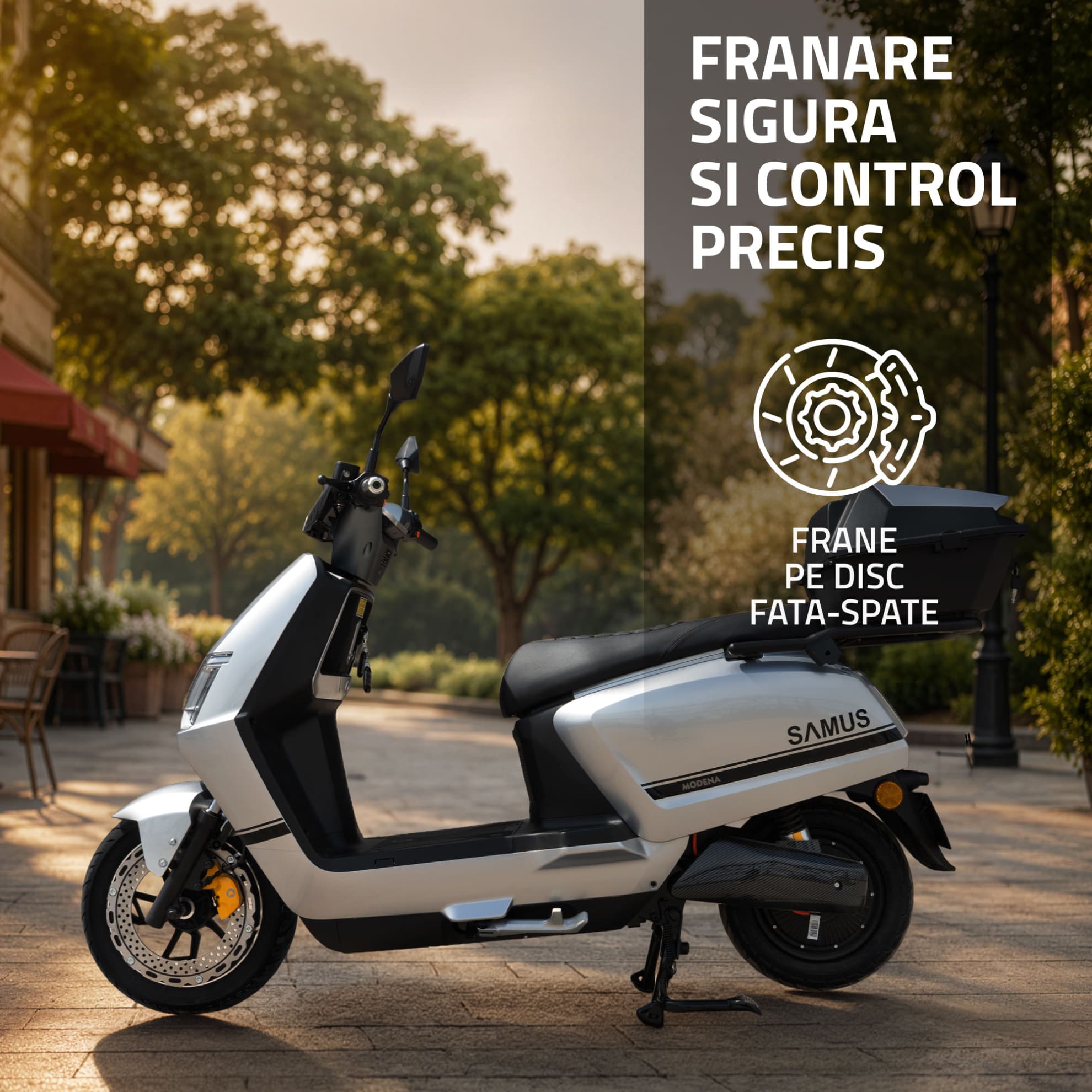 Detaliu sistem frânare pe disc scuter electric Samus Modena 25 Argintiu