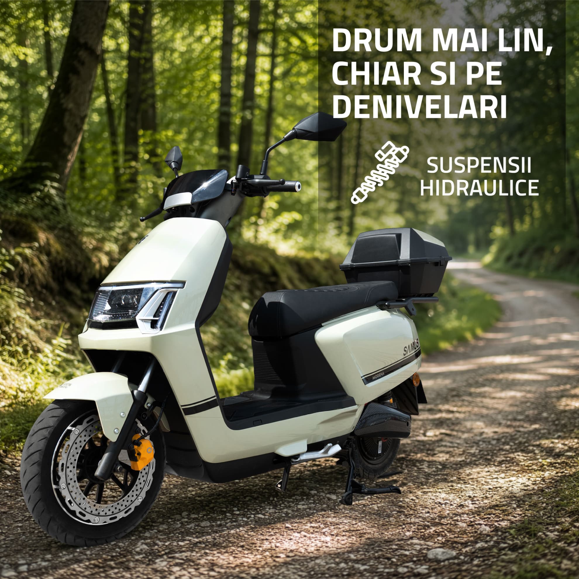 Detaliu suspensii hidraulice scuter electric Samus Modena 25 Verde