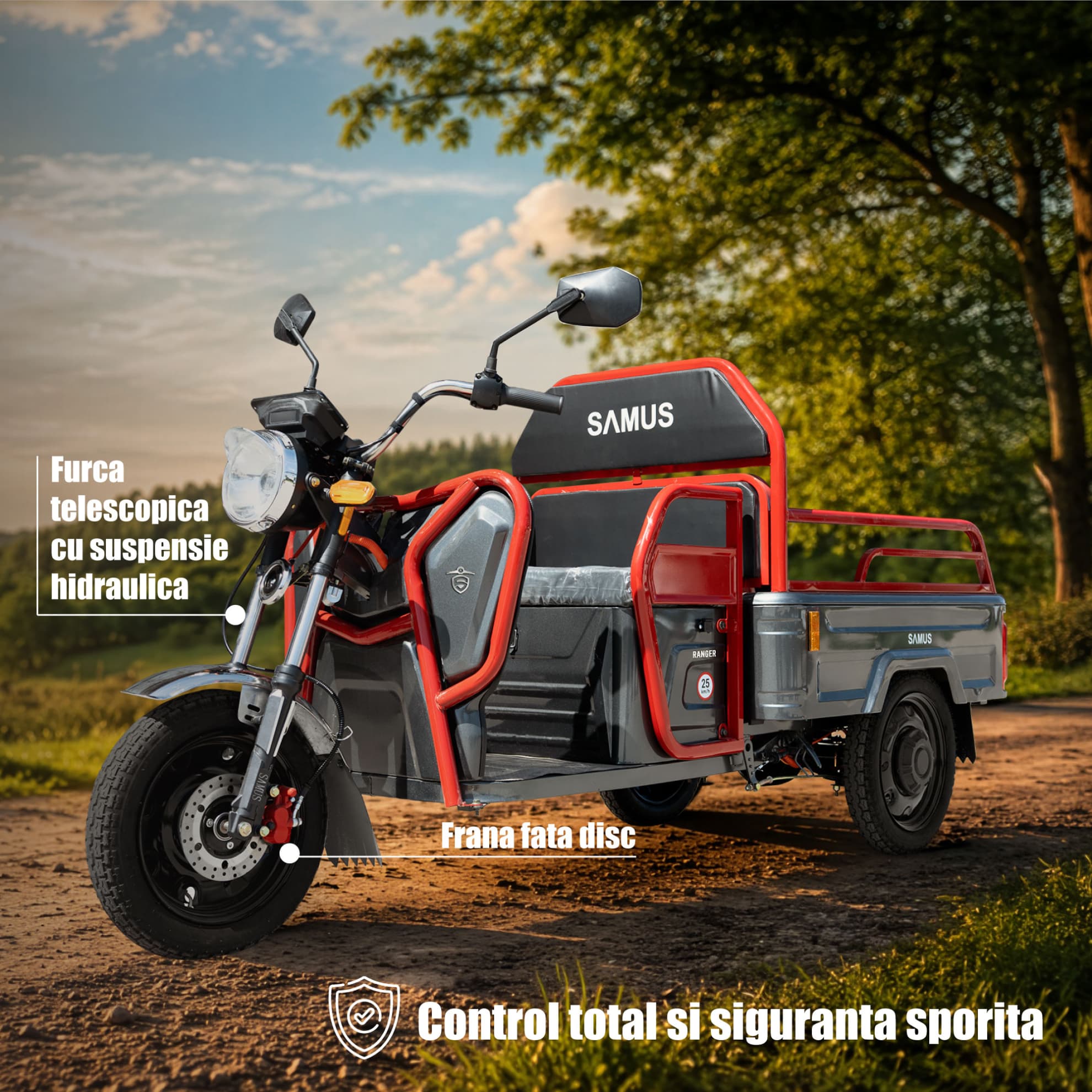 Sistem de frânare și suspensii triciclu electric cargo Samus Ranger 25 Red Dark Silver