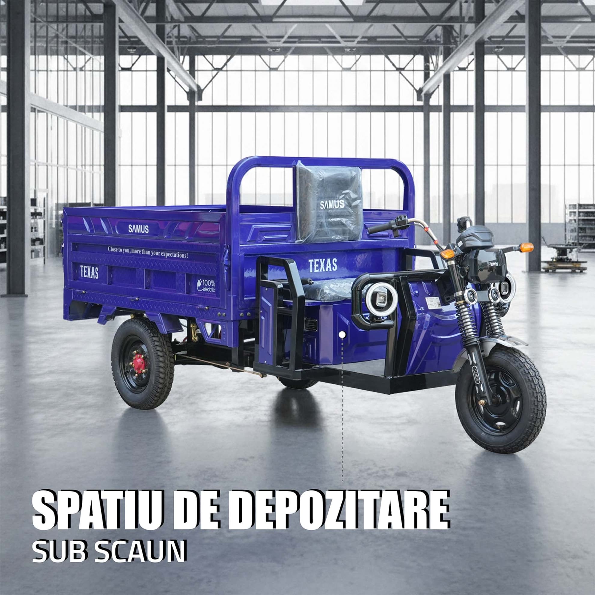 Spațiu depozitare sub scaun triciclu electric Samus Texas Albastru