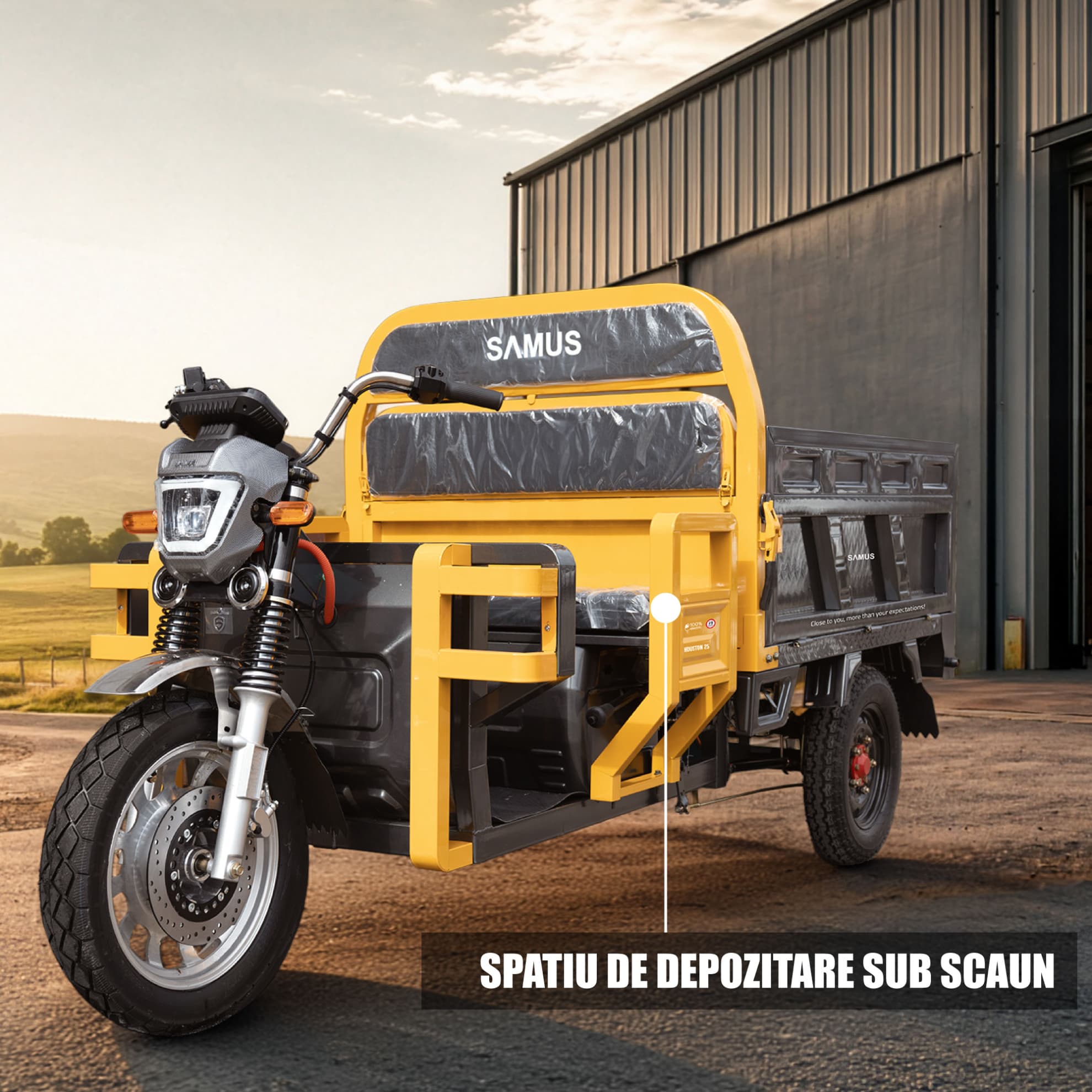 Spațiu depozitare sub scaun triciclu electric cargo Samus Houston 25 Yellow Dark Silver