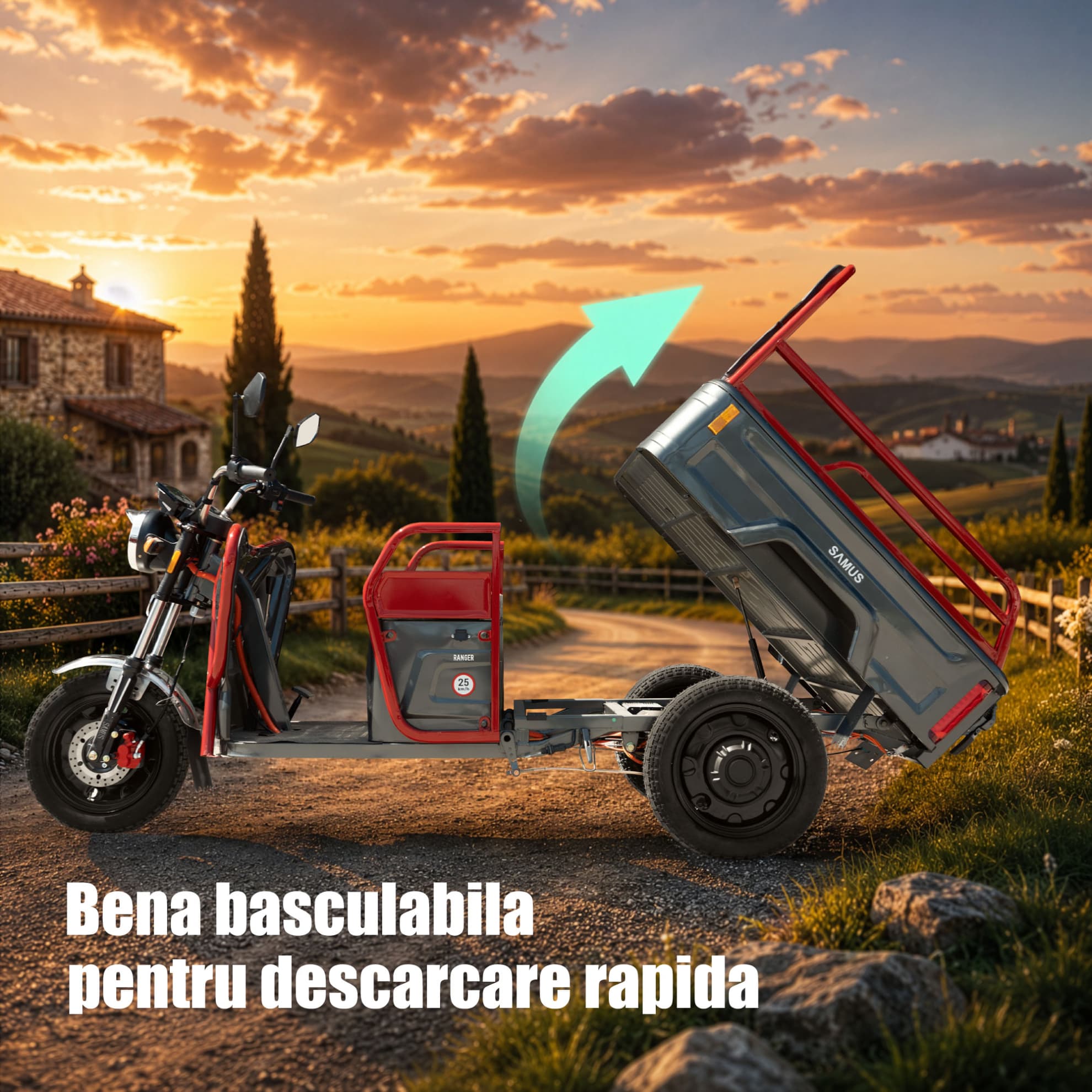 Benă basculabilă triciclu electric cargo Samus Ranger 25 Red Dark Silver