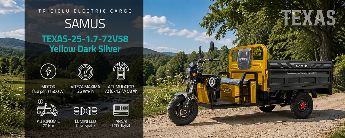 Triciclu electric cargo Samus Texas Galben banner principal