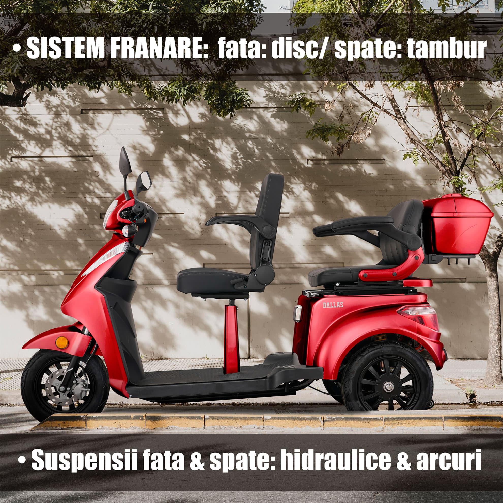 Sistem de frânare și suspensii hidraulice triciclu electric Samus Dallas Roșu