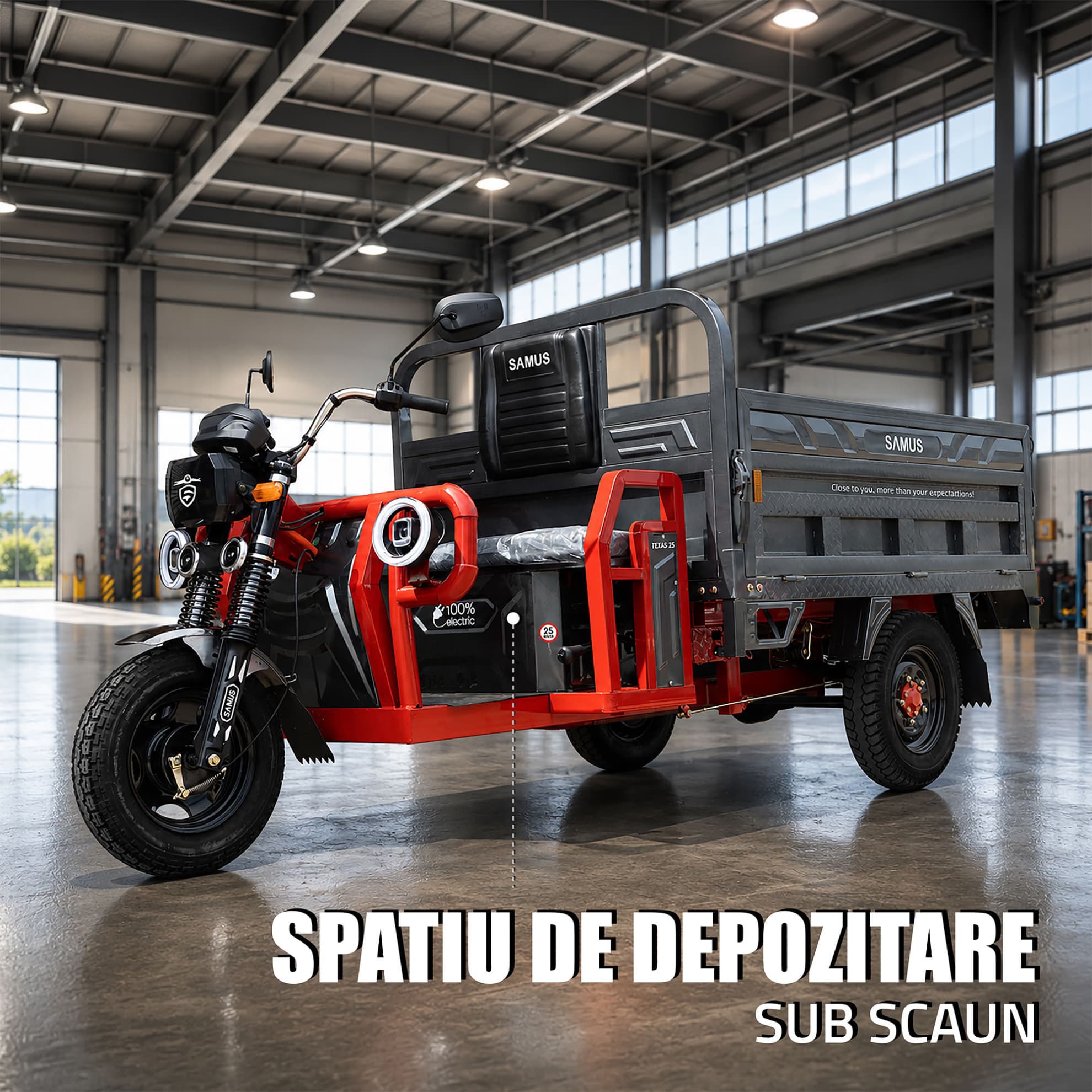Spațiu depozitare sub scaun triciclu electric Samus Texas Roșu