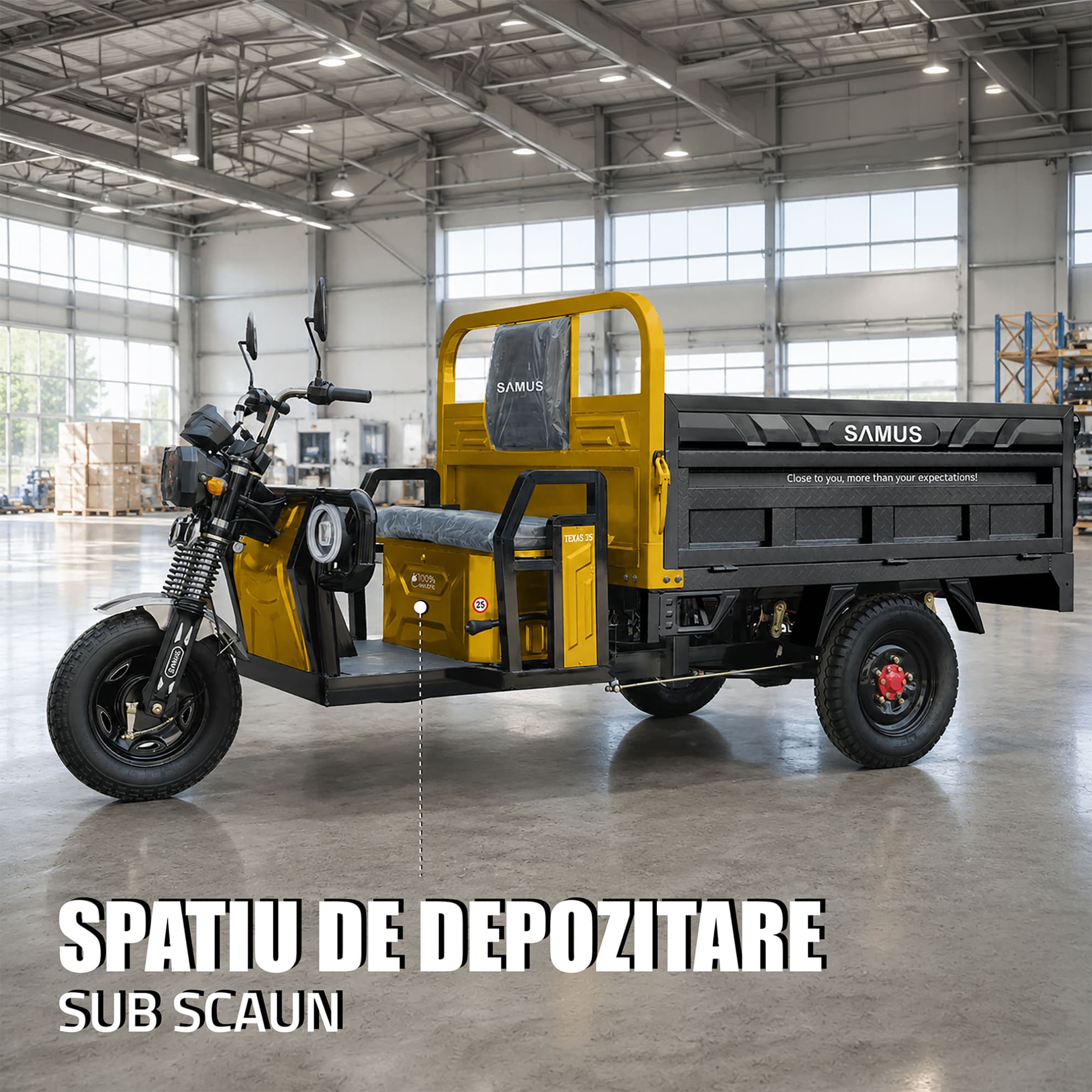 Spațiu depozitare sub scaun triciclu electric Samus Texas Galben