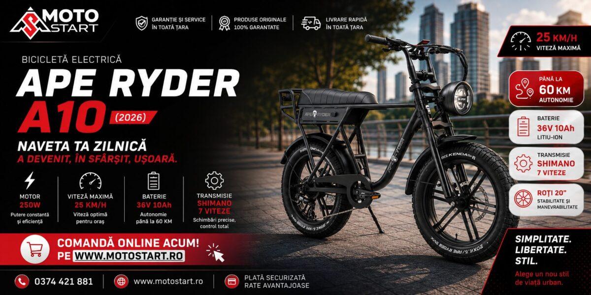 Banner MotoStart cu bicicleta electrică APE RYDER A10 (2026), motor 250W, baterie 36V/10Ah, autonomie până la 60 km și transmisie Shimano cu 7 viteze.