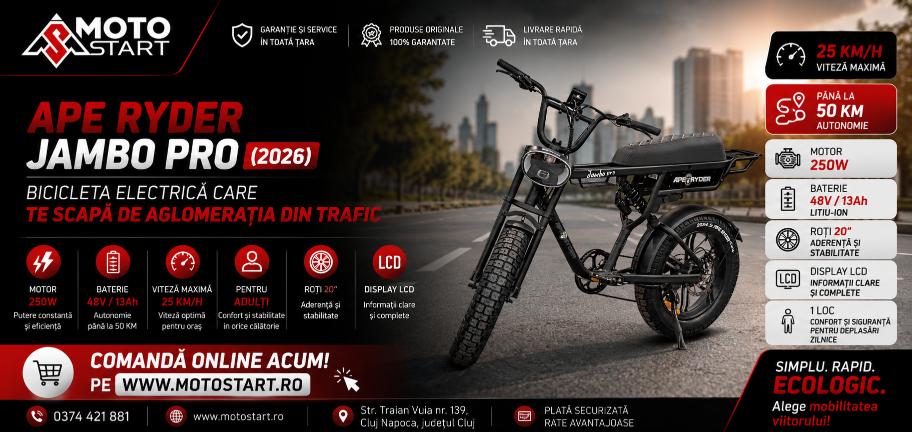 Banner MotoStart cu bicicleta electrică APE RYDER JAMBO PRO MATT BLACK, motor 250W, baterie 48V/13Ah, autonomie până la 50 km, display LCD și roți de 20 inch.
