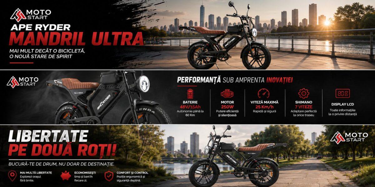 Bicicletă electrică APE RYDER MANDRIL ULTRA cu motor 250W, baterie 48V/15Ah și autonomie de până la 60 km disponibilă la MotoStart.