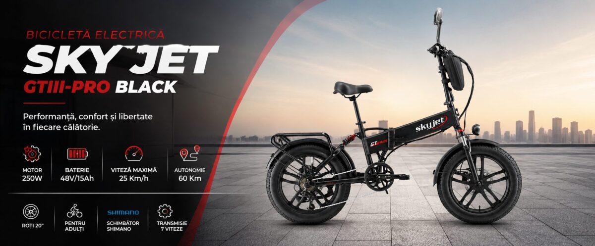 Bicicletă electrică SKY JET GTIII-PRO BLACK, motor 250W, baterie 48V/15Ah și autonomie 60 km