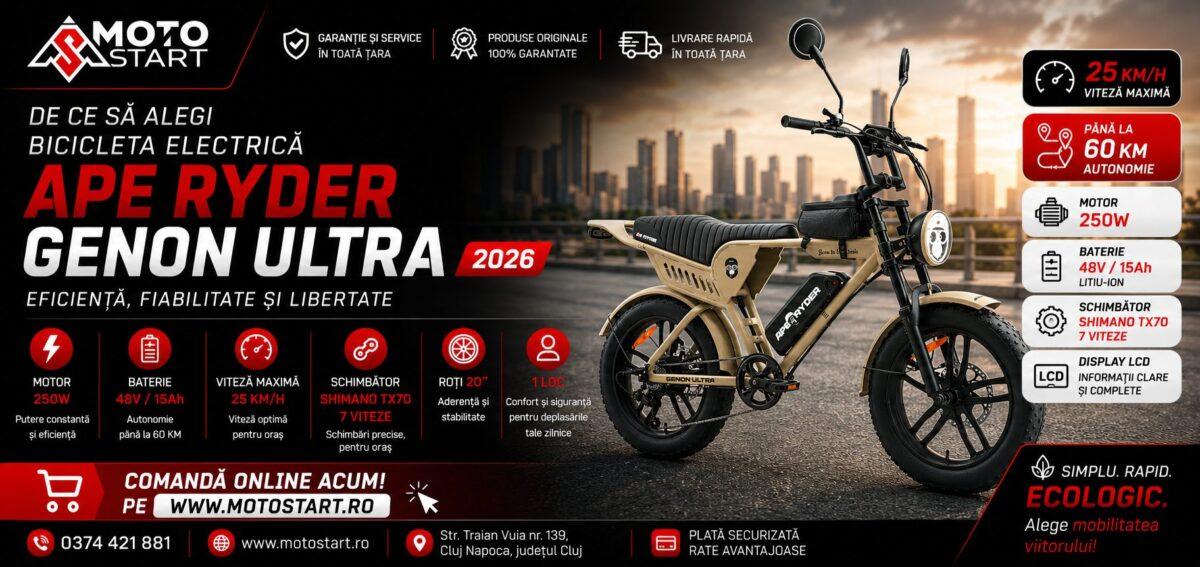 Banner MotoStart cu bicicleta electrică APE RYDER GENON ULTRA, motor 250W, autonomie până la 60 km, transmisie Shimano TX70 și comandă online pe Motostart.ro.