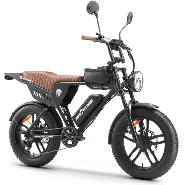 Bicicletă electrică APE RYDER GENON ULTRA Black cu motor Brushless 250W, baterie Li-Ion 48V/15Ah, autonomie până la 60 km și transmisie Shimano cu 7 viteze.
