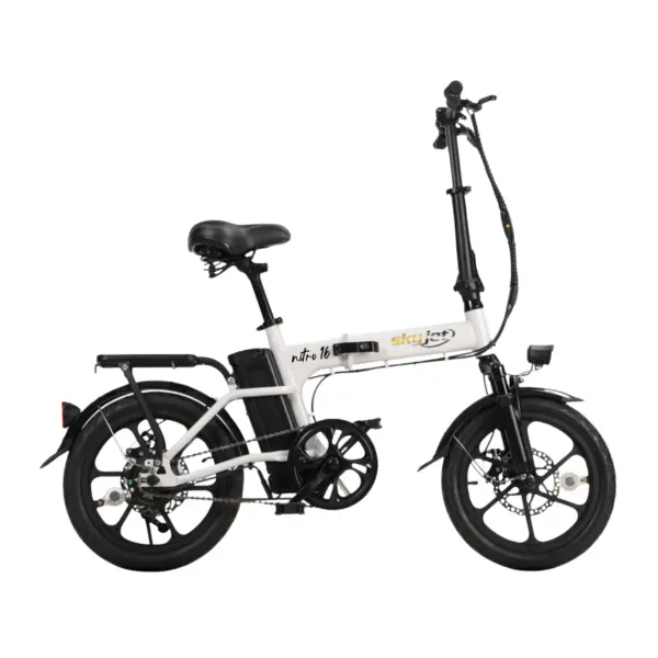 Bicicletă electrică SKY JET NITRO 16 WHITE cu motor de 250 W, baterie 36V/8Ah și autonomie de până la 40 km, vedere laterală.