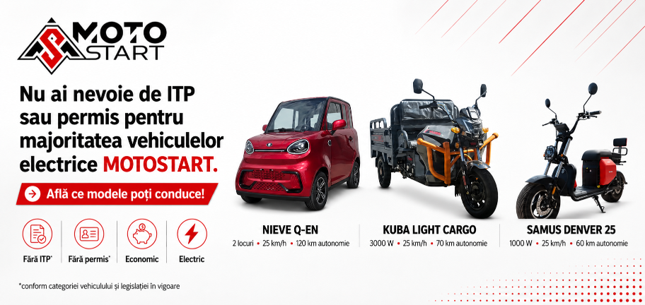 Banner MotoStart cu NIEVE Q-EN, KUBA LIGHT CARGO și SAMUS DENVER 25, vehicule electrice de 25 km/h promovate pentru mobilitate economică și utilizare fără permis sau ITP, în funcție de categoria vehiculului.