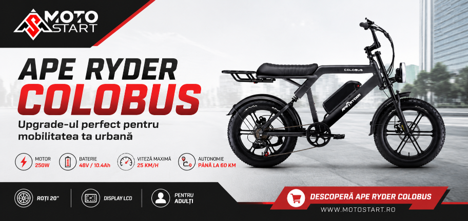 Banner MotoStart cu bicicleta electrică APE RYDER COLOBUS BLACK, motor 250W, baterie 48V/10.4Ah, autonomie până la 60 km, viteză maximă 25 km/h, roți de 20 inch și display LCD.