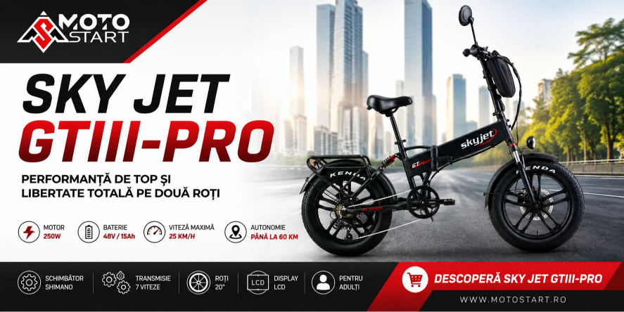 Banner MotoStart cu bicicleta electrică SKY JET GTIII-PRO, motor 250W, baterie 48V/15Ah, autonomie până la 60 km, viteză maximă 25 km/h, schimbător Shimano cu 7 viteze, roți de 20 inch și display LCD.