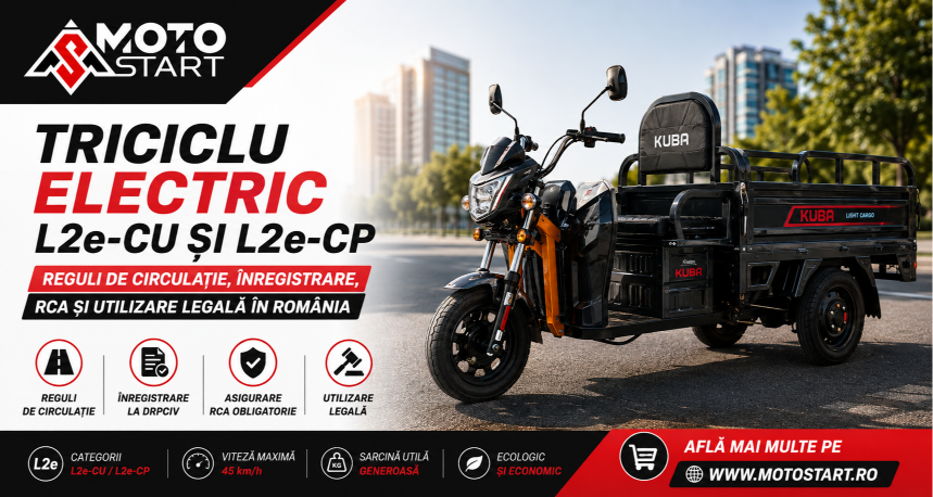 Triciclu electric L2e-CU și L2e-CP - Reguli de circulație, înregistrare, RCA și utilizare legală în România