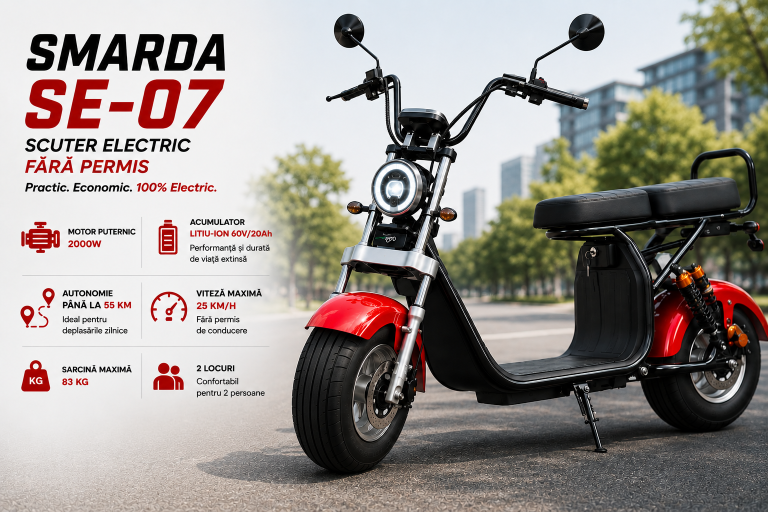 Scuter electric fără permis SMARDA SE-07, motor 2000W, baterie litiu-ion 60V 20Ah, autonomie până la 55 km și viteză maximă 25 km/h