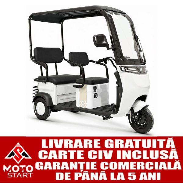 Triciclu electric KUBA OPTIMUS ULTRA, putere motor 650 W, baterie 20Ah/72 V, 50 Km autonomie, fara permis, viteza max 25 km/h, carte RAR inclusa, alb